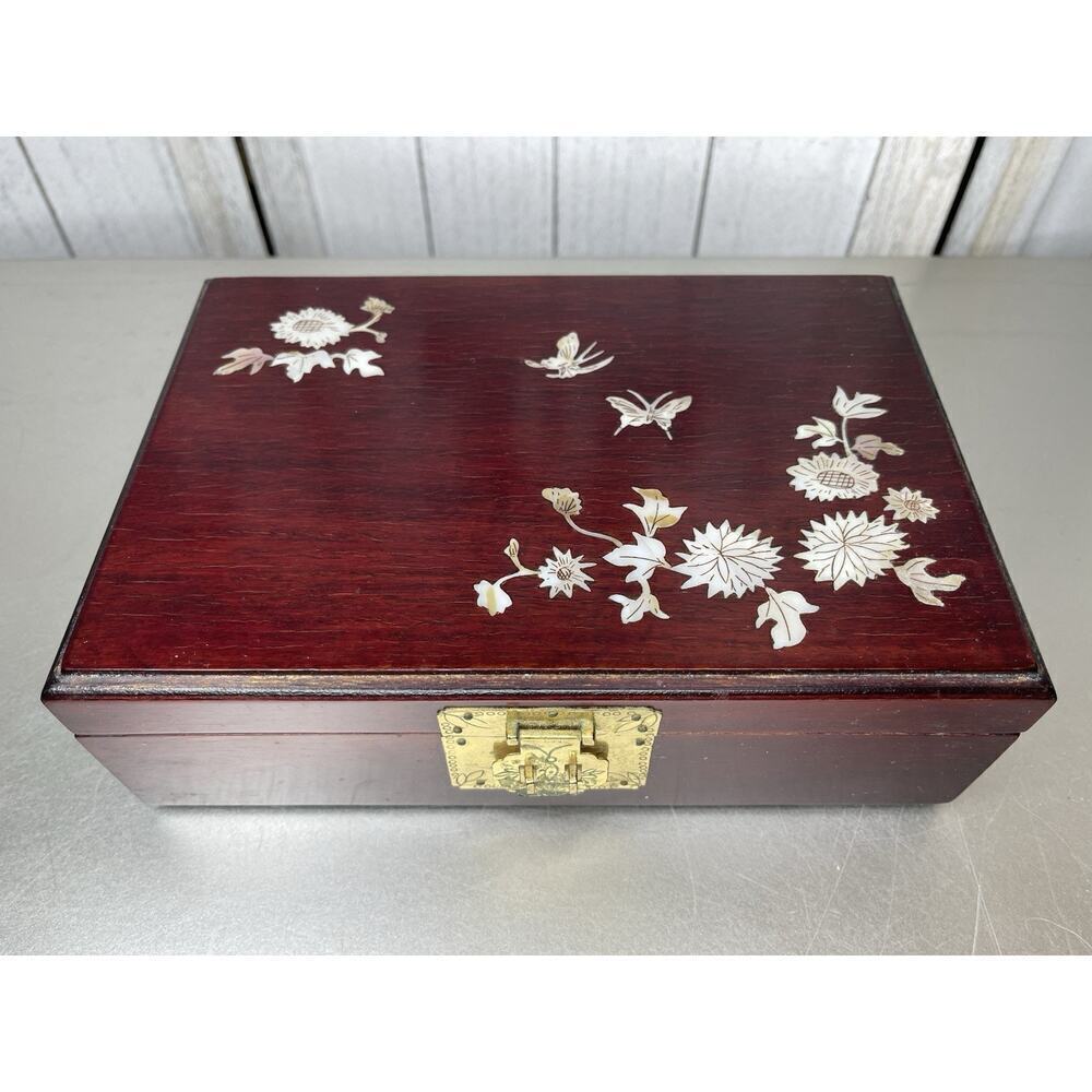 Vintage Chinese Red Wood Jewelry Box Mother Of Pearl Inlay Floral Butterfly